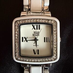 Nolan Miller White and Silver Crystal-Trim Square Women's Watch